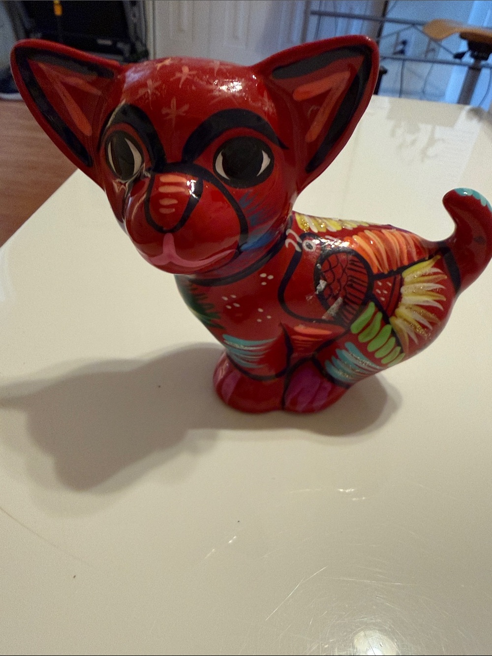 Hand-Painted Red Folk Art Ceramic Cat Figurine